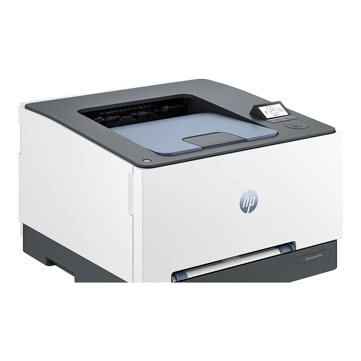 Weißer Drucker mit grau-schwarzem Deckel und Bedienfeld. Auf dem Gehäuse das HP-Logo.