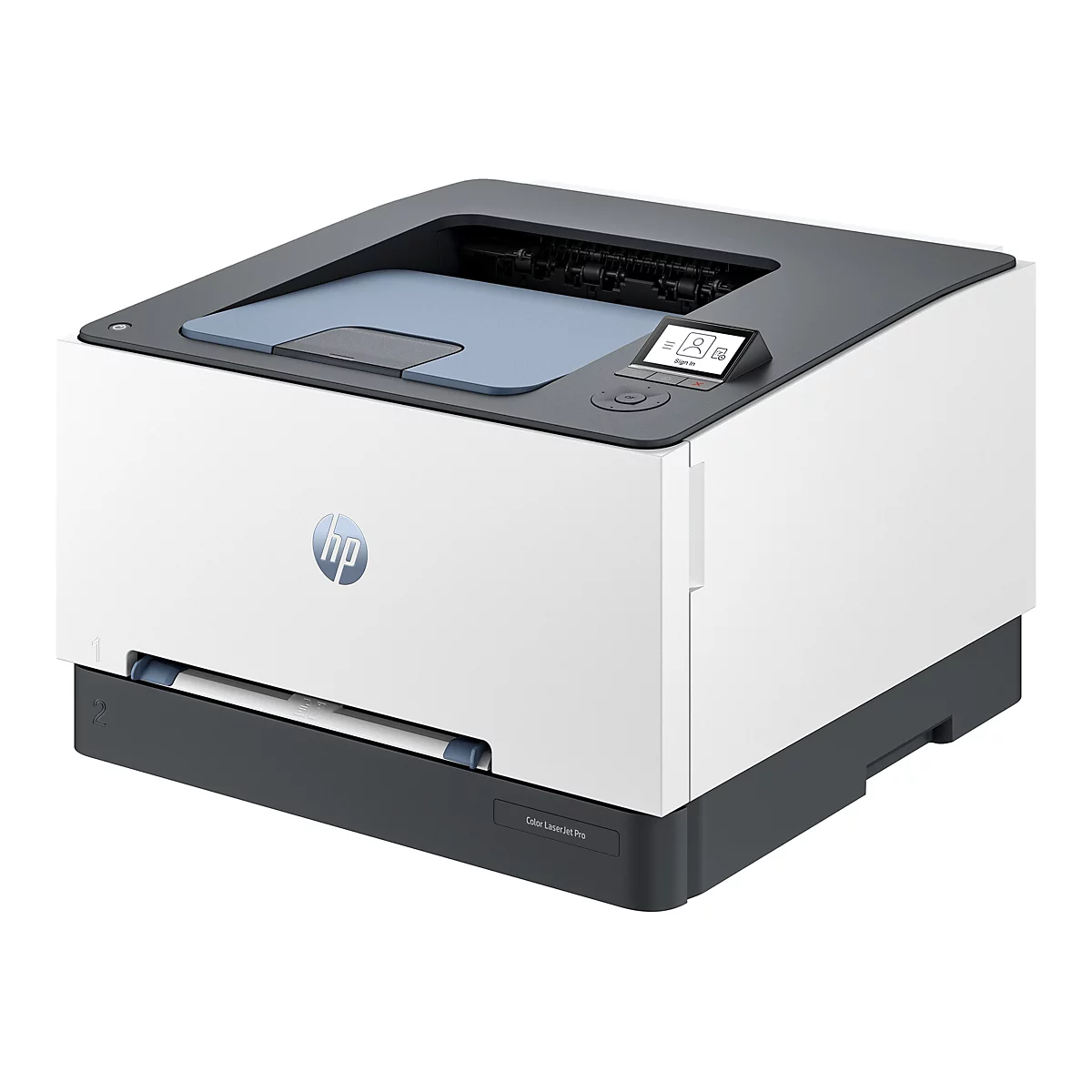 HP Color LaserJet Pro Drucker, weiß-grau; Bedienfeld zeigt „Anmelden“ an.
