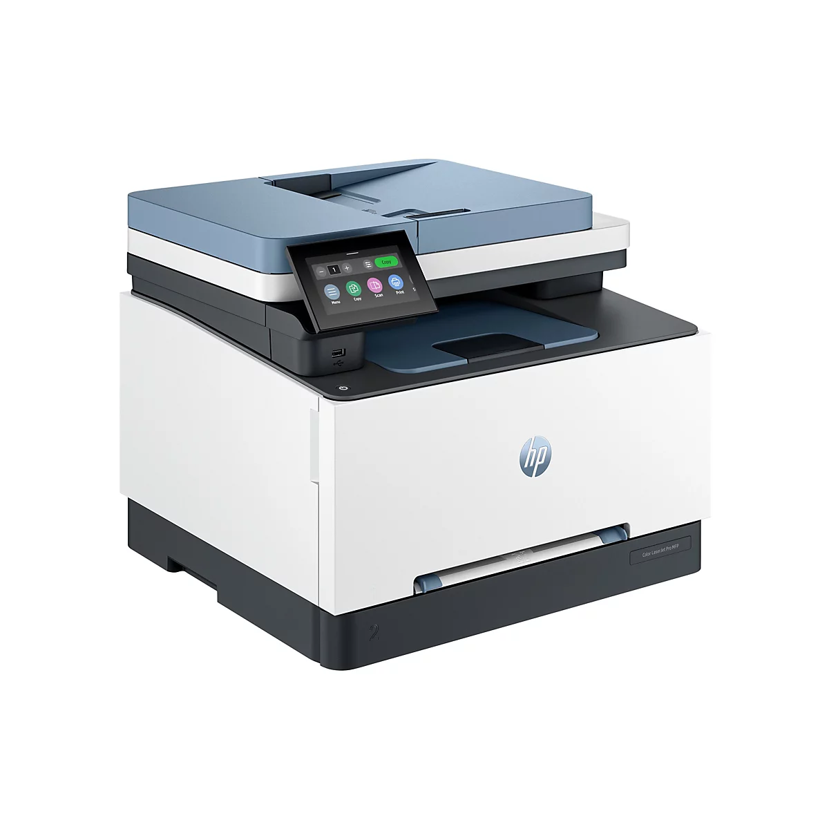 Drucker mit blauem Deckel, Touchscreen und HP-Logo. Bedienfeld mit Menü, Kopie, Scan und Druck-Optionen.