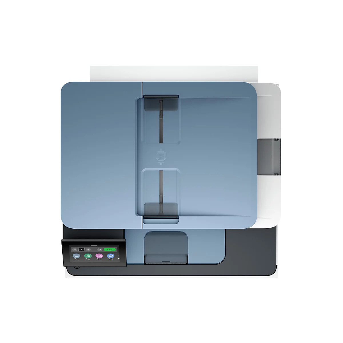 Draufsicht auf einen blauen Drucker mit Touchscreen. Knöpfe sind mit Menü, Kopieren, Scannen und Drucken beschriftet.
