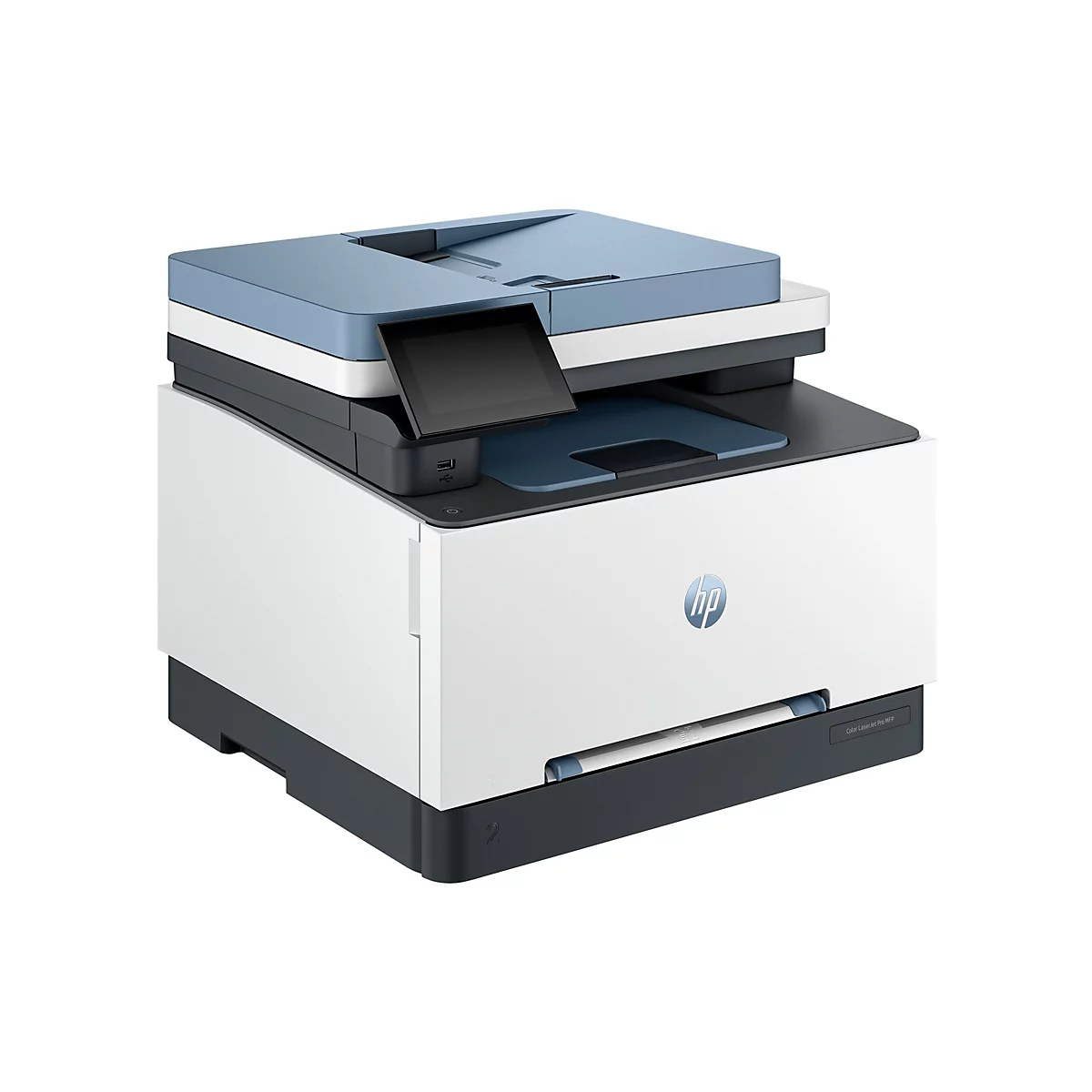 Ein weiß-grauer Drucker, mit blau-grauen Akzenten und einem kleinen Bildschirm.