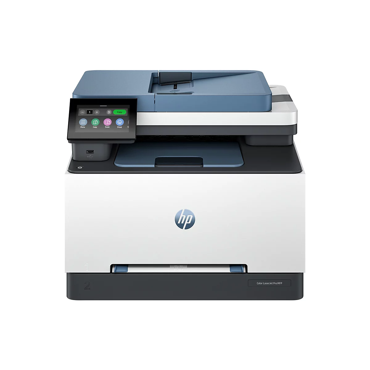 Ein weiß-blauer HP Color LaserJet Pro MFP Drucker mit Touchscreen und farbigen Icons. Auf dem Drucker steht das HP Logo.