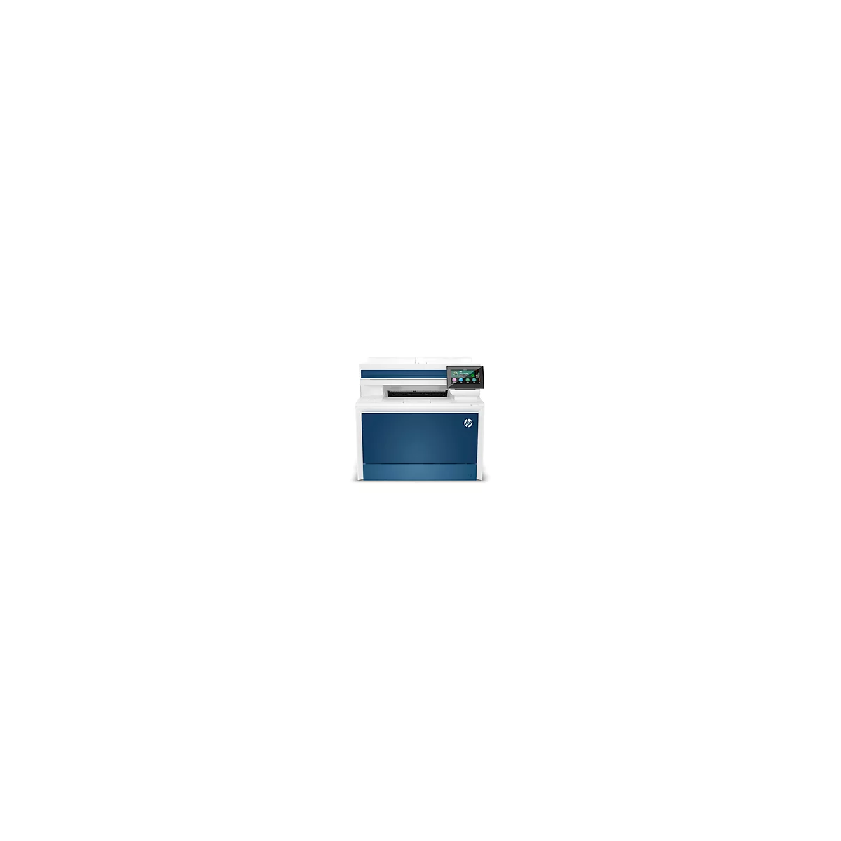 Ein weiß-blauer HP-Drucker mit Touchscreen, Tasten und HP-Logo.