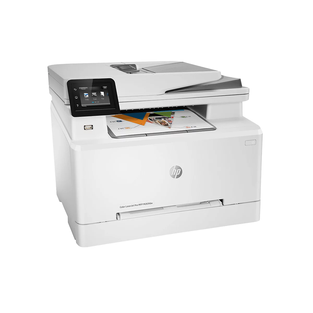 Weißer HP-Farblaserdrucker, der von vorne abgebildet ist, mit einem Touchscreen, der "Copy", "Scan" und "Fax" anzeigt, und einem Papierausgabeschacht.
