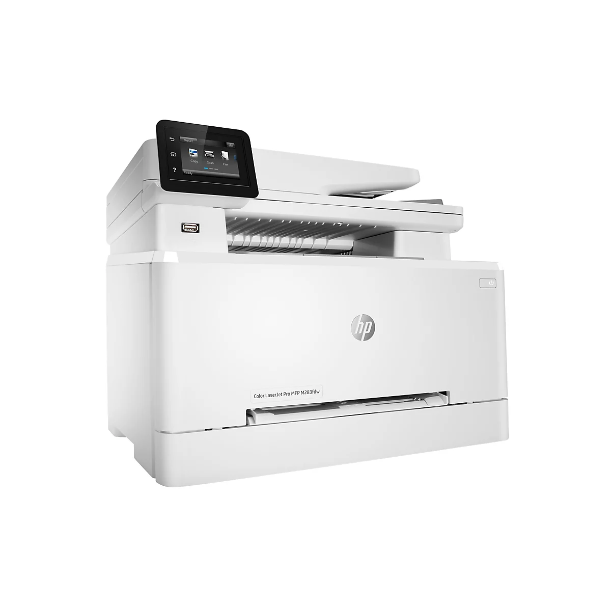 Ein weißer HP-Multifunktionsdrucker, leicht von der Seite fotografiert. Auf dem Bildschirm werden verschiedene Optionen angezeigt. Der Name des Druckers ist auf der Vorderseite sichtbar.