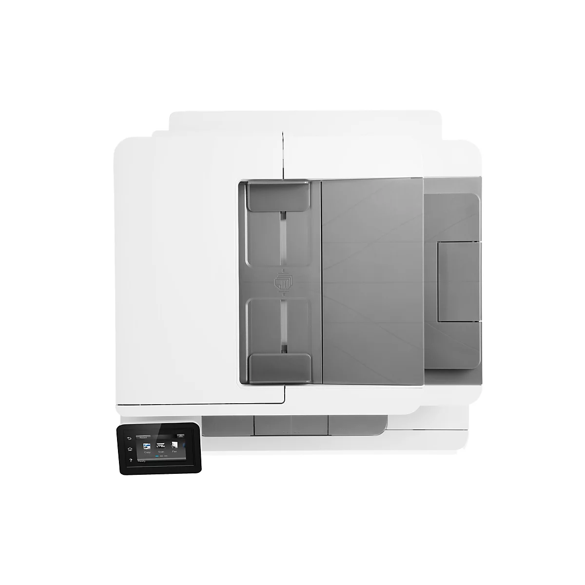 Weißer Drucker mit Touchscreen-Anzeige. Auf dem Display sind Optionen zum Kopieren, Scannen und Faxen zu sehen.