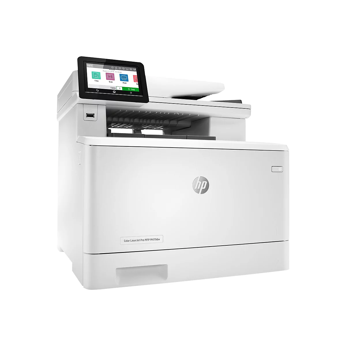 Ein weißer HP Color LaserJet Pro MFP M479dw Drucker mit Farb-Touchscreen-Bedienfeld.