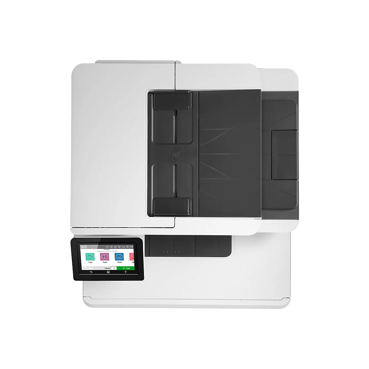 Ein weißer Multifunktionsdrucker mit einem schwarzen Touchscreen-Display, auf dem Optionen wie "Kopieren", "Scannen" und "Drucken" angezeigt werden.