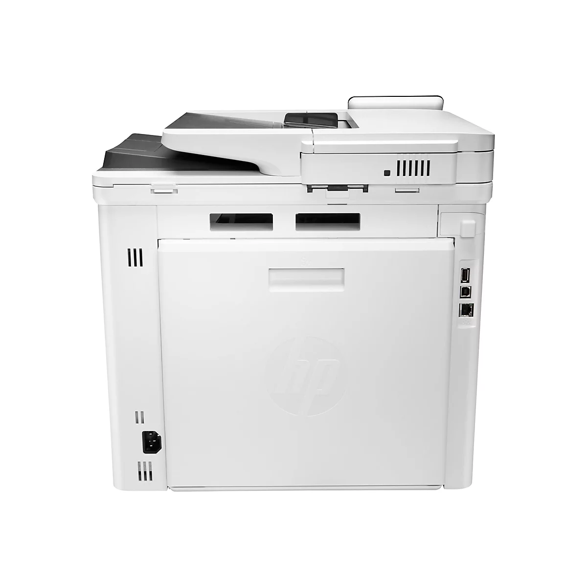 Weißer HP-Multifunktionsdrucker, Ansicht von hinten.