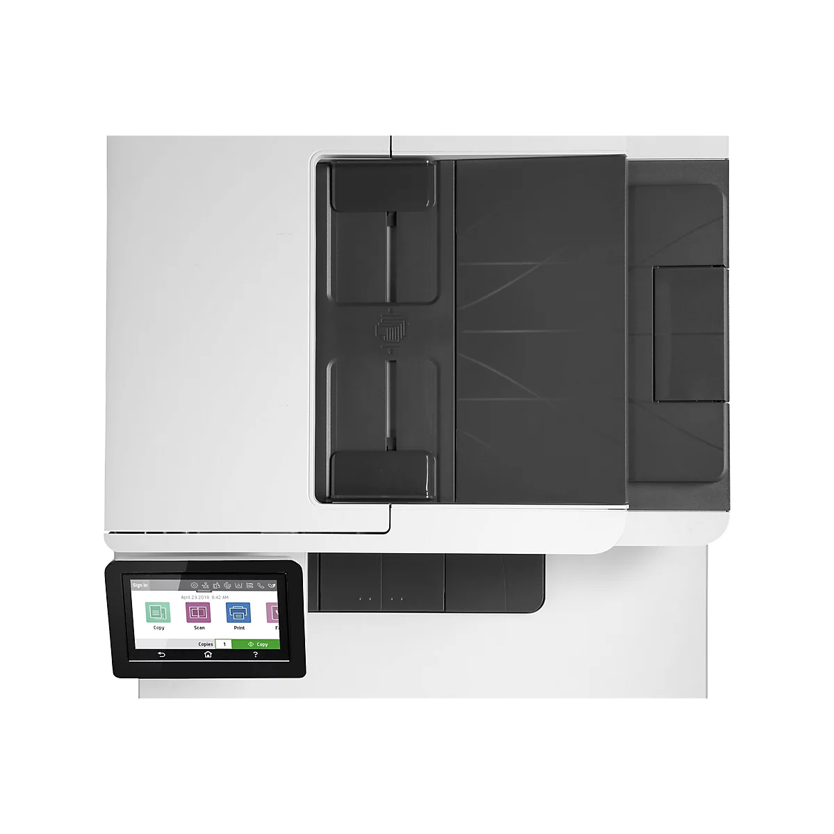 Draufsicht auf einen weißen Drucker mit schwarzem Bedienfeld und Display.