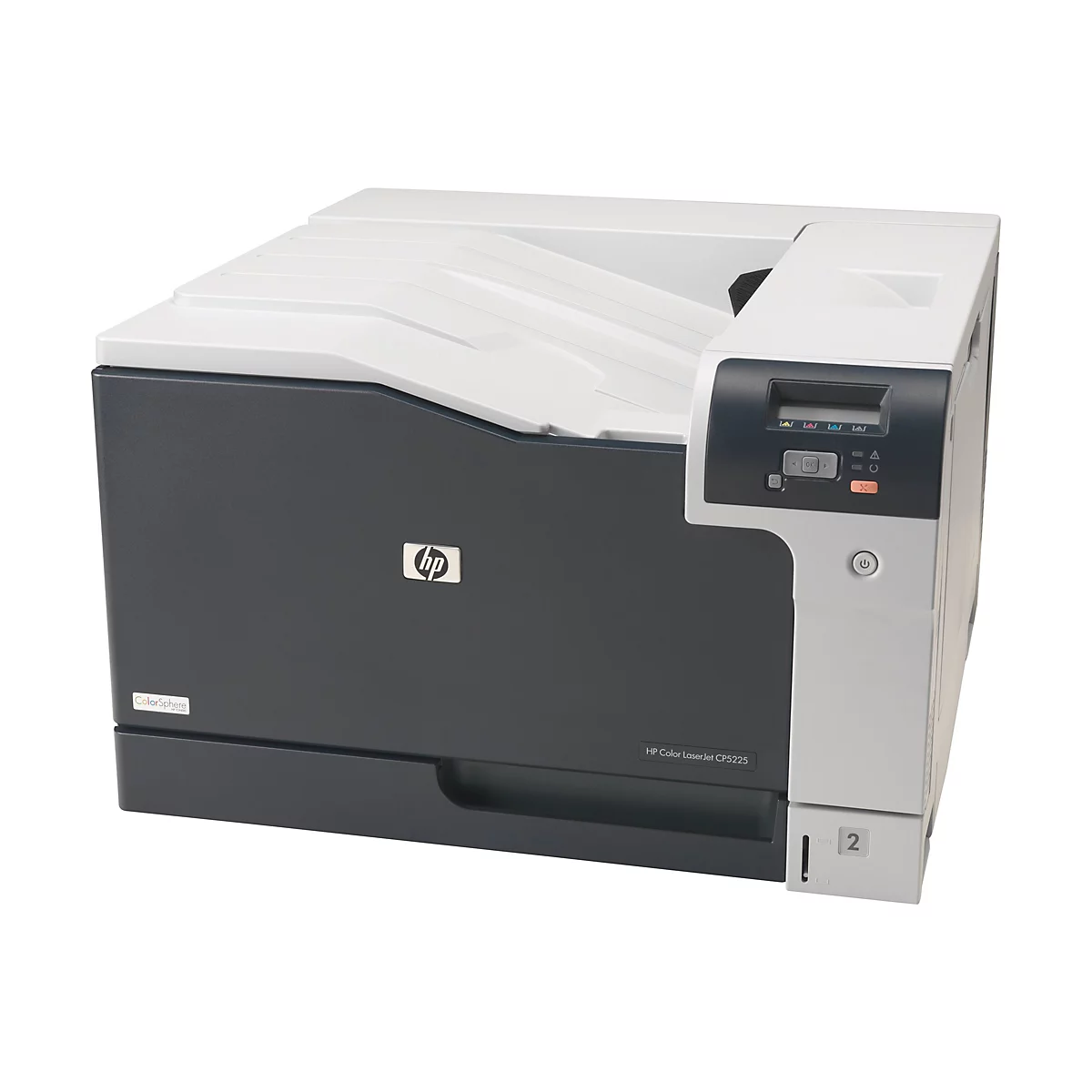 Dunkelgrauer HP Color LaserJet CP5225 Drucker mit weißer Oberseite und Bedienfeld.