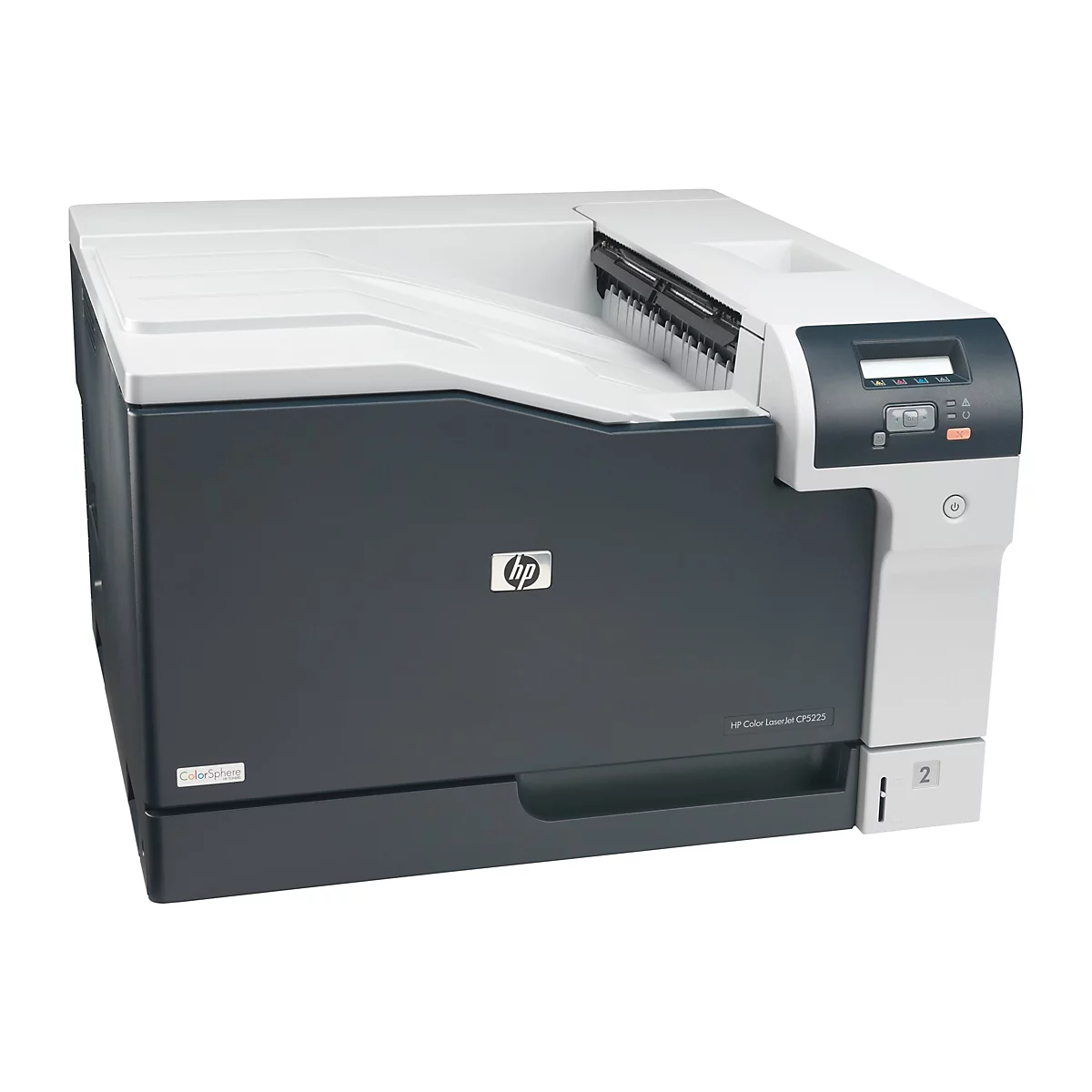 Ein HP Color LaserJet CP5225 Drucker, grau und weiß, vor weißem Hintergrund. Bedienfeld, Fach mit Ziffer 2.