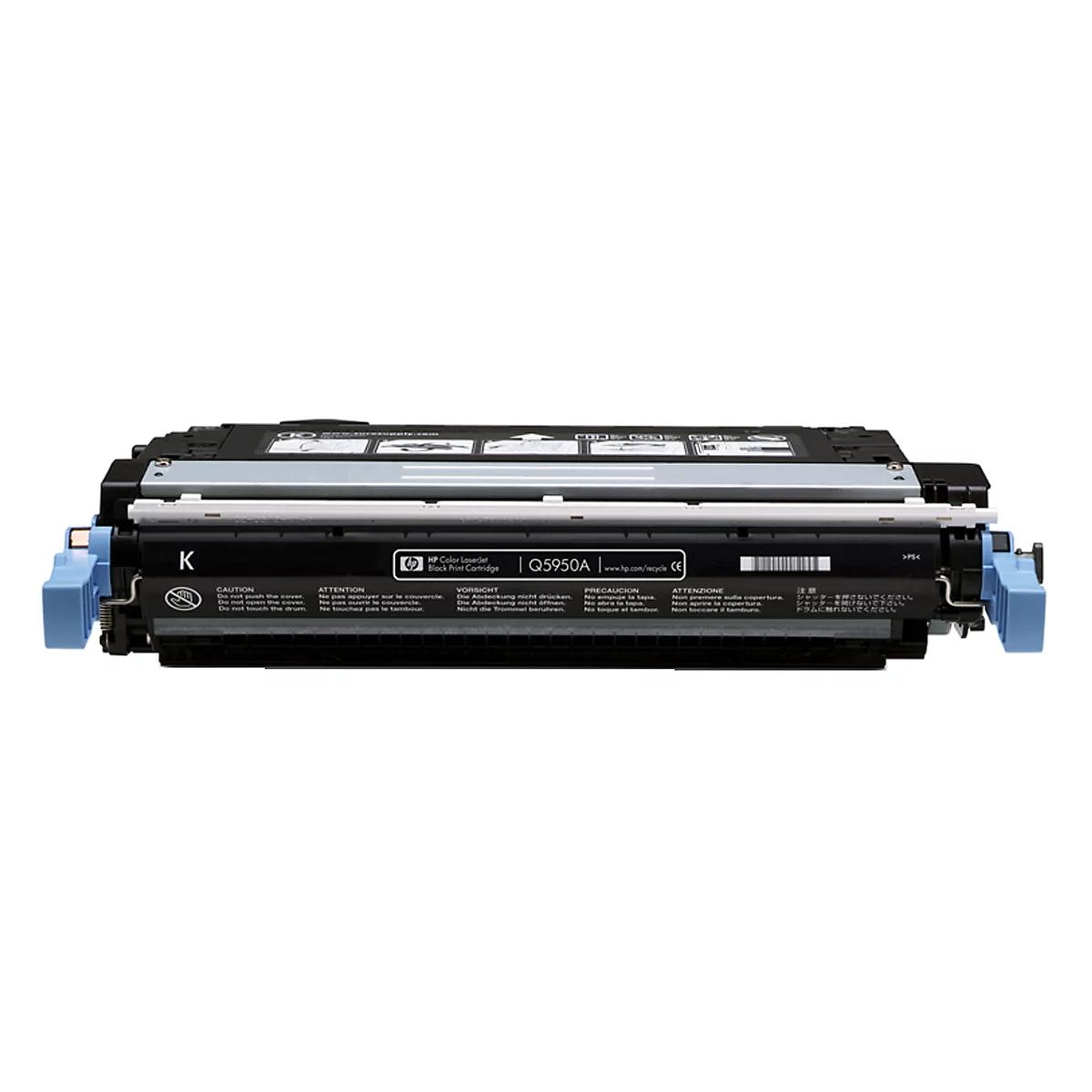 Schwarze Tonerkartusche, HP Q5950A. Auf der Kartusche steht 'K' und weitere Details.