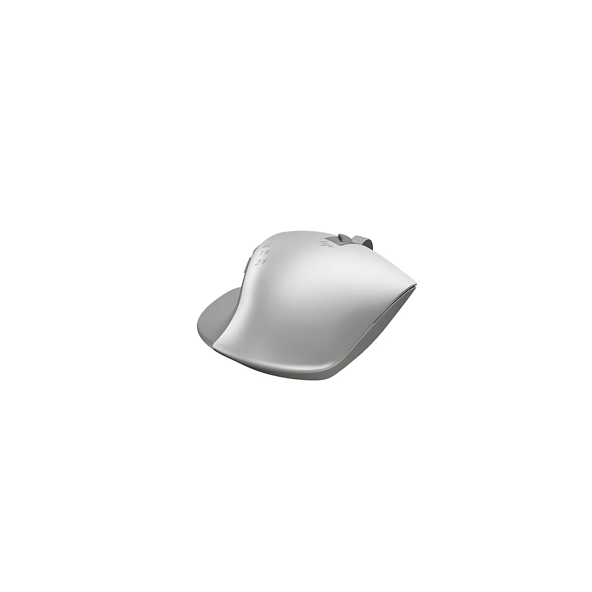 Hellgraue kabellose Maus mit seitlichen Tasten und Scrollrad auf weißem Hintergrund.