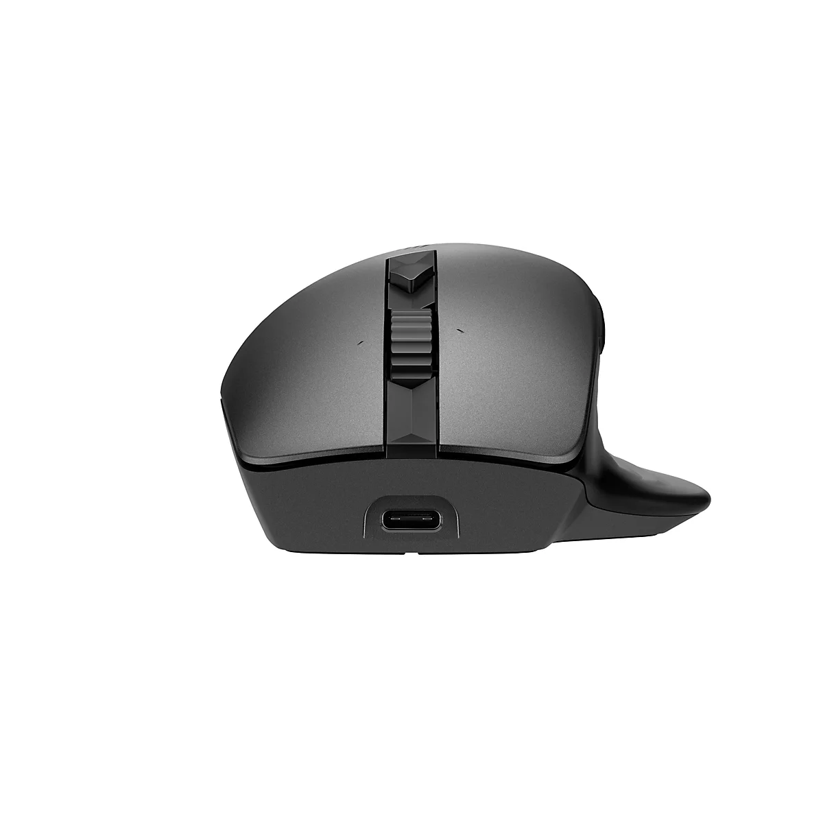 Draufsicht auf eine ergonomische, graue Computermaus. Mit Scrollrad, Seitentasten und USB-C-Anschluss.