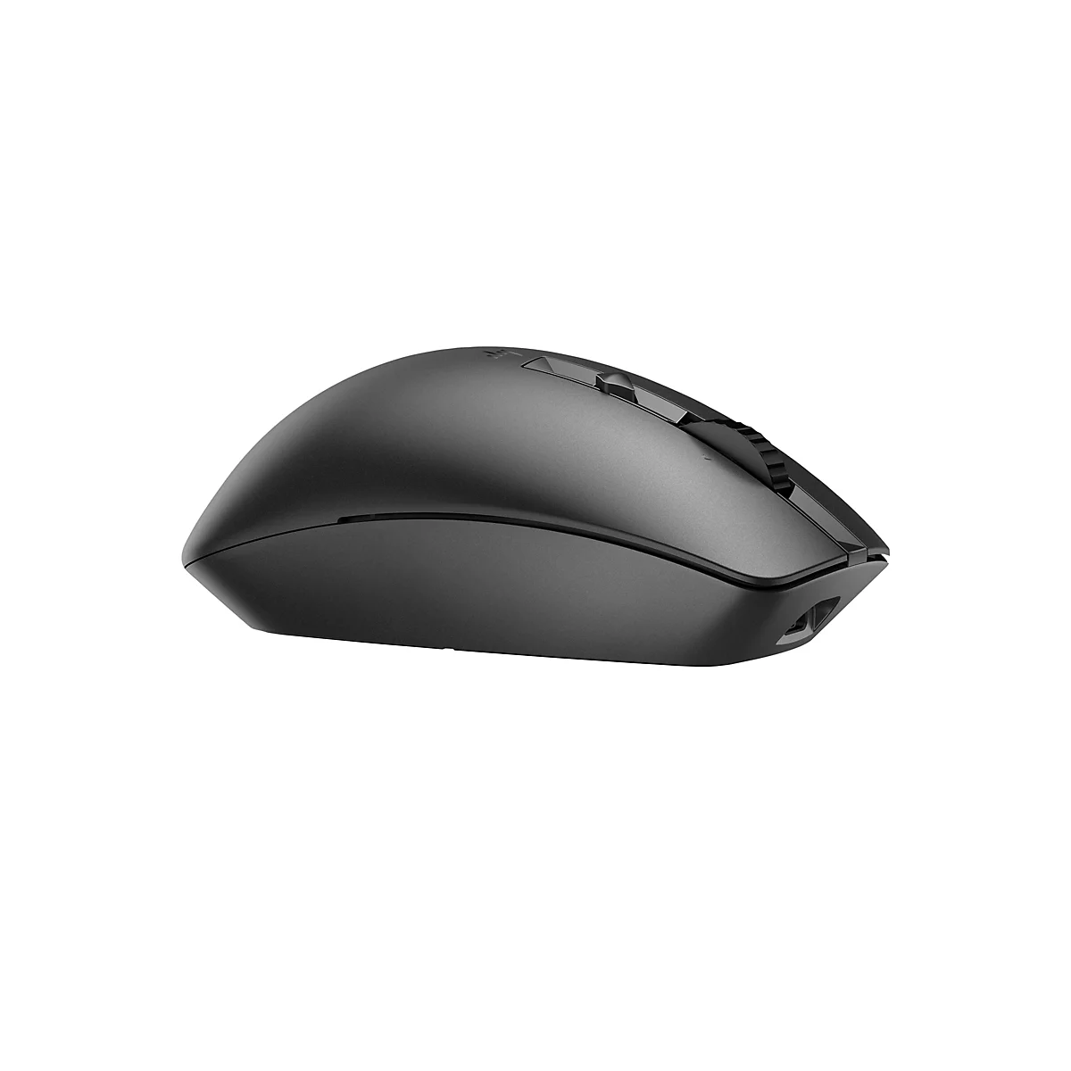 Draufsicht einer grauen Computermaus. Mit Scrollrad, Knöpfen und ergonomischer Form.