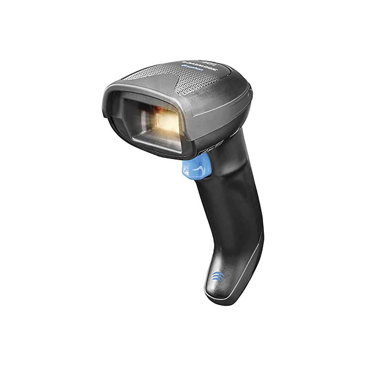 Ein schwarzer Barcode-Scanner vor weißem Hintergrund. Der Scanner hat ein Design wie eine Pistole, mit einem Abzug in Blau.