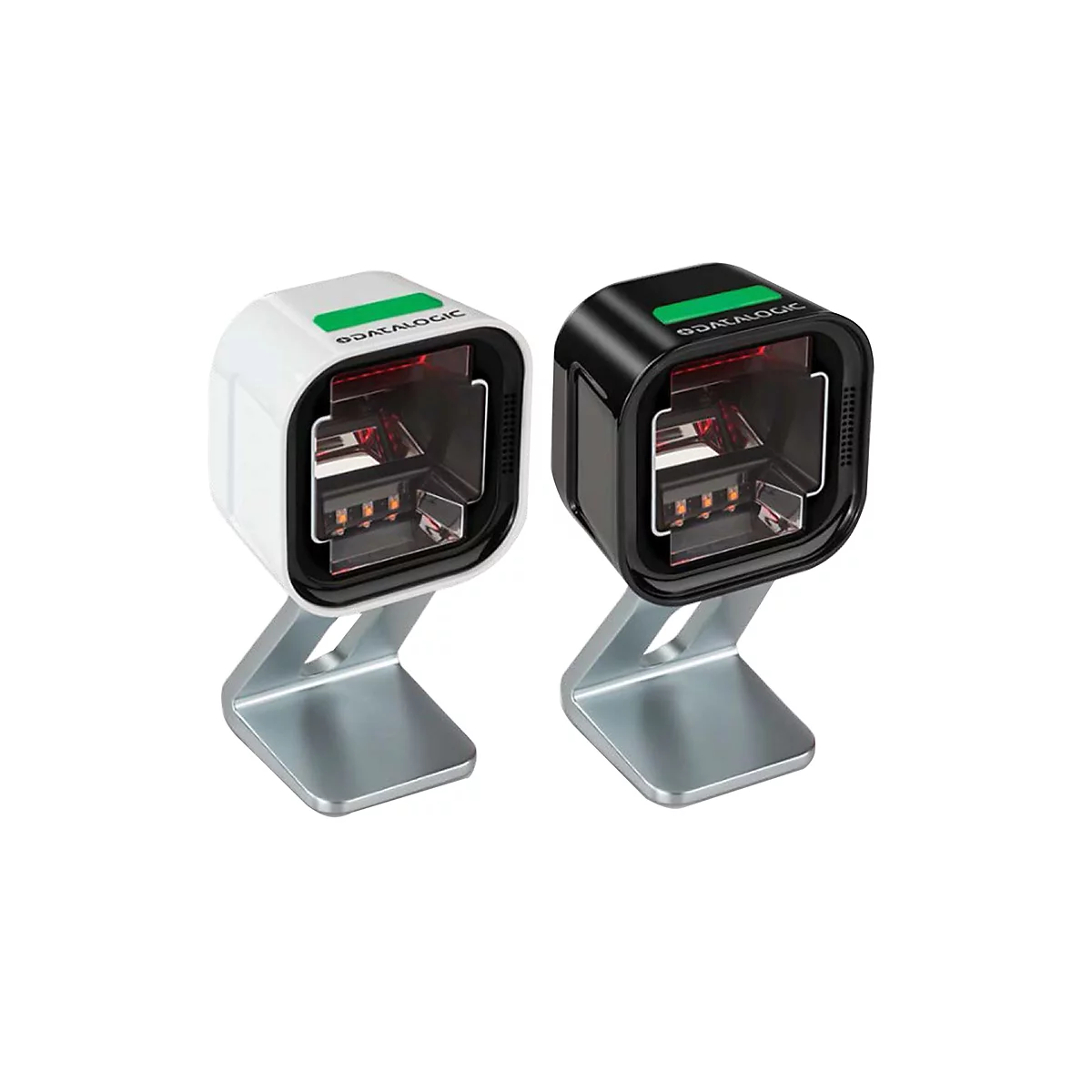 Zwei Barcodescanner, einer weiß, einer schwarz, auf silbernen Sockeln. Beide Scanner haben das Logo "DATALOGIC" auf der Oberseite.