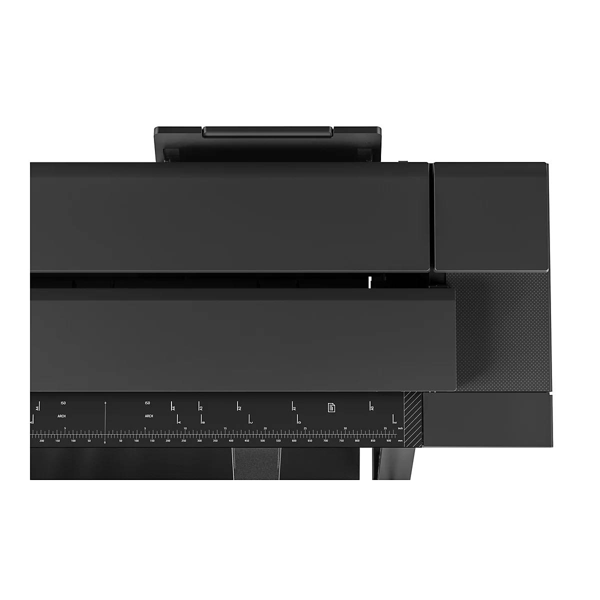 Vue de dessus d'une imprimante noire, avec des mesures et des marquages de format de papier, texte présent.