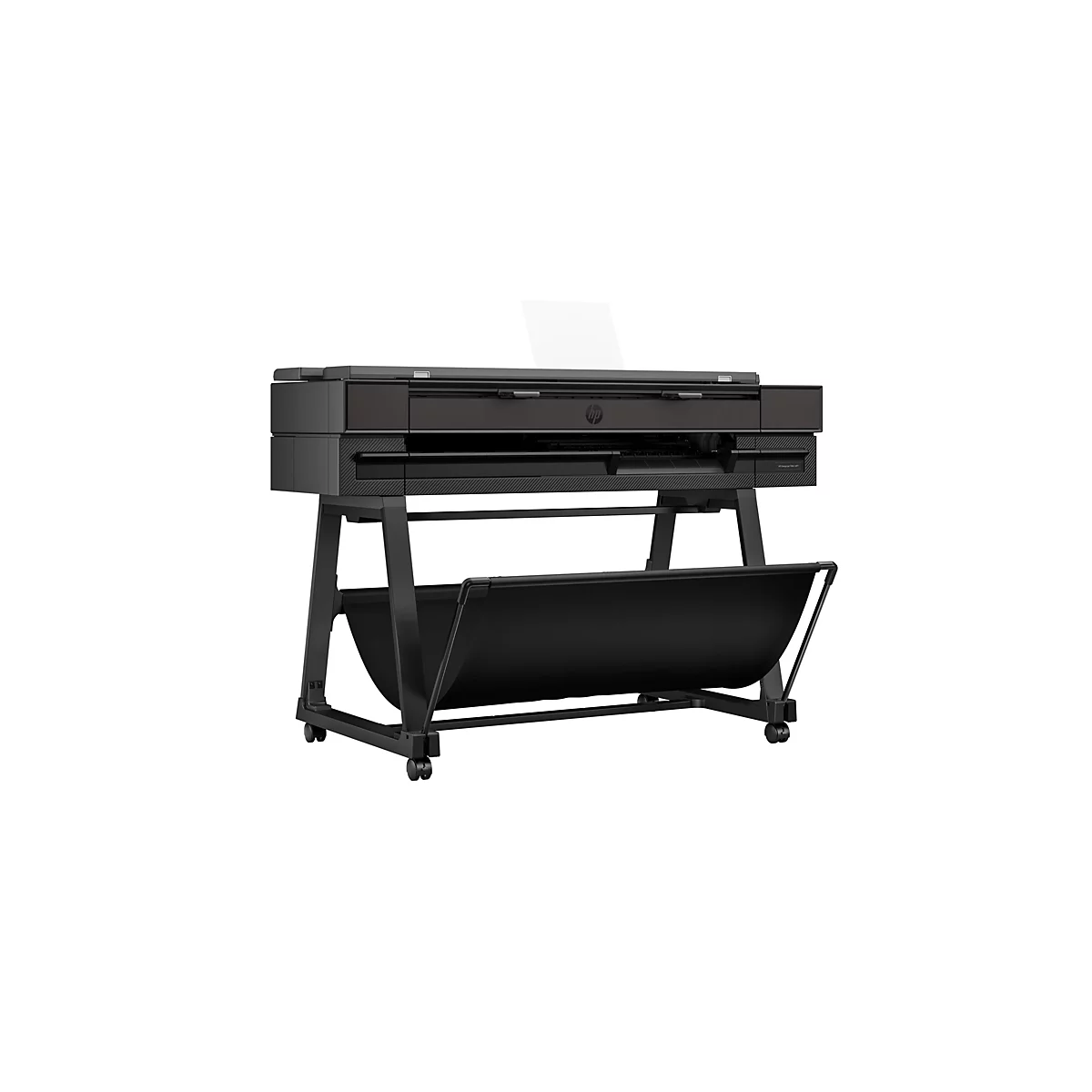 Imprimante grand format noire avec support, sur fond blanc.