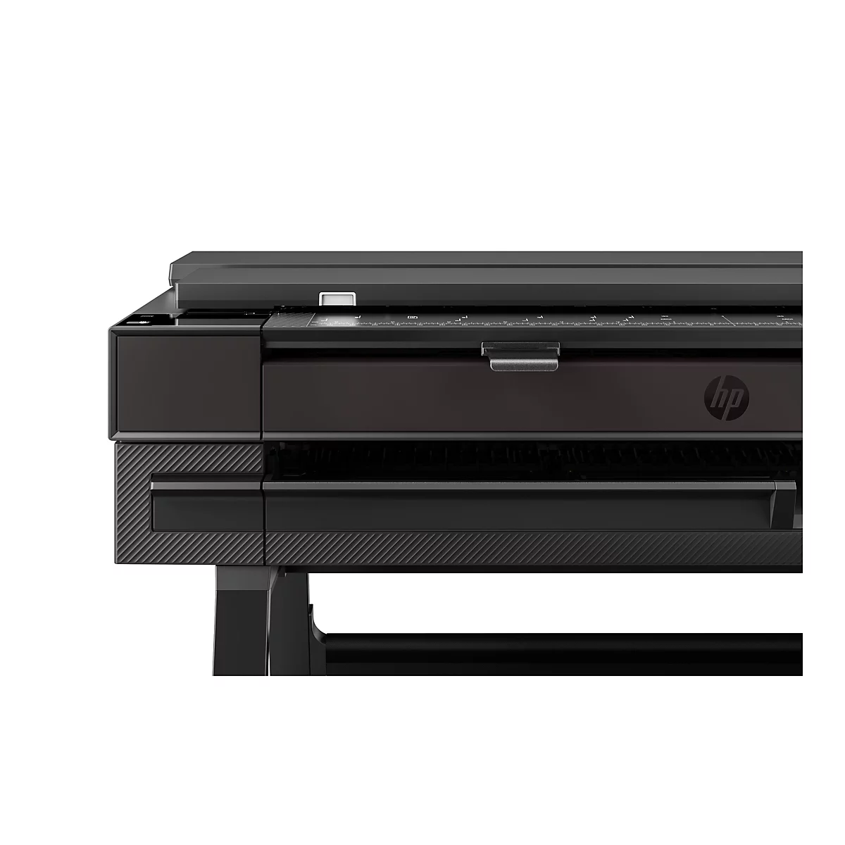 Vue détaillée d'une imprimante grand format HP noire. Le logo HP est clairement visible.