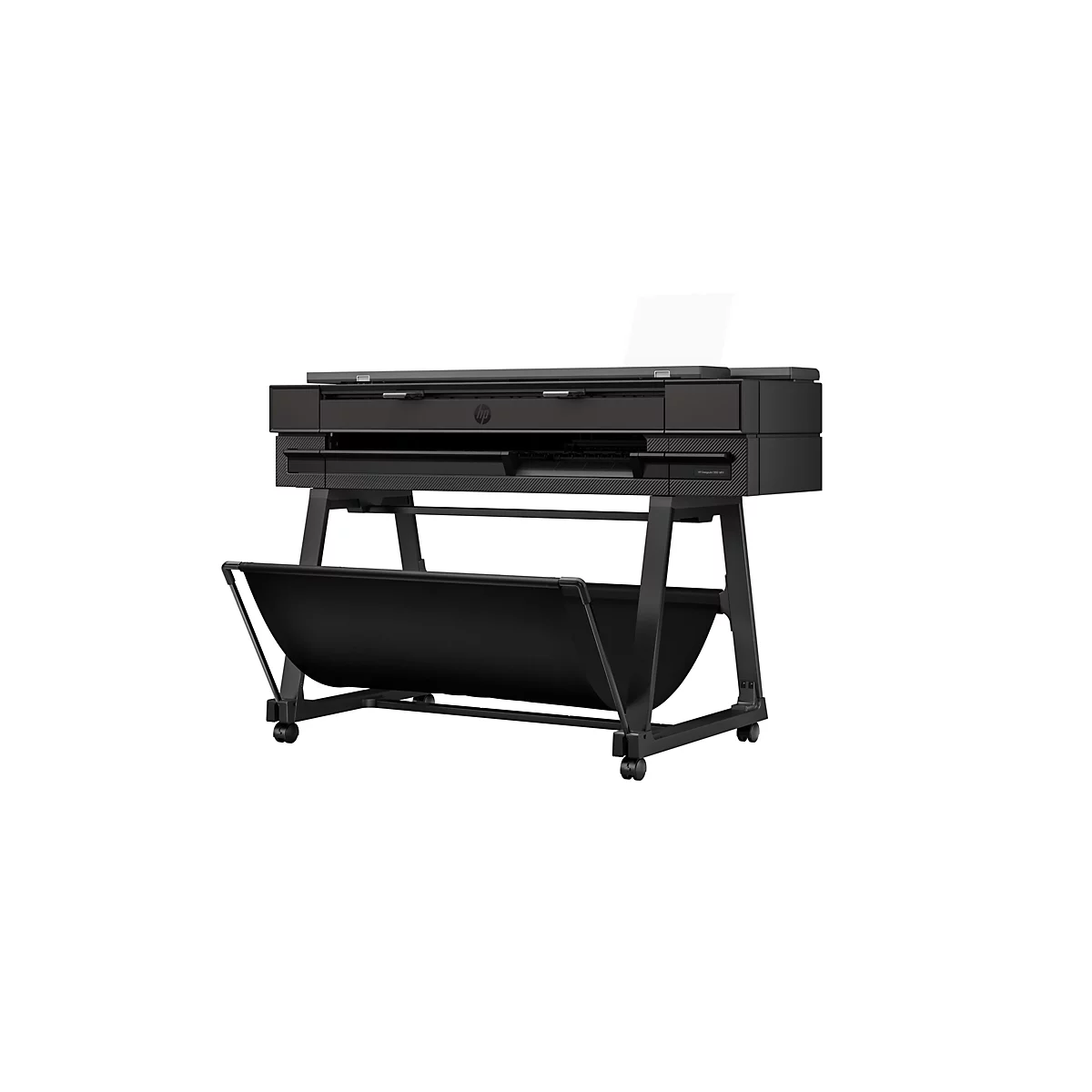 Imprimante grand format noire avec support, sur fond blanc.