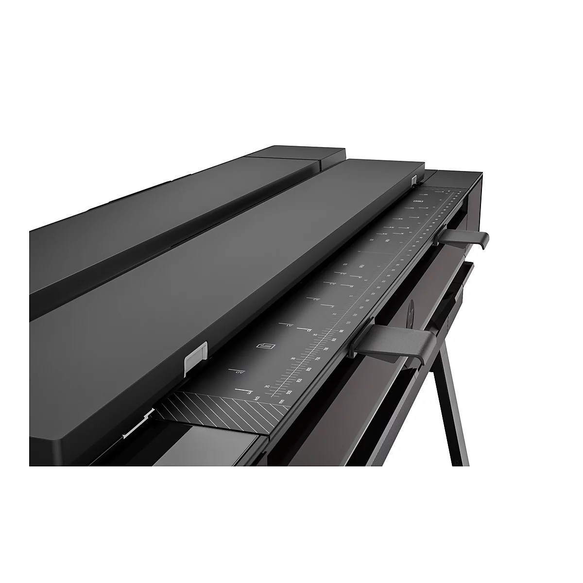 Table de découpe noir professionnel avec échelle de mesure et supports.