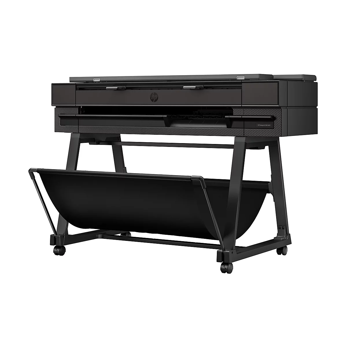 Imprimante grand format HP DesignJet T650 MFP noire sur un support roulant.