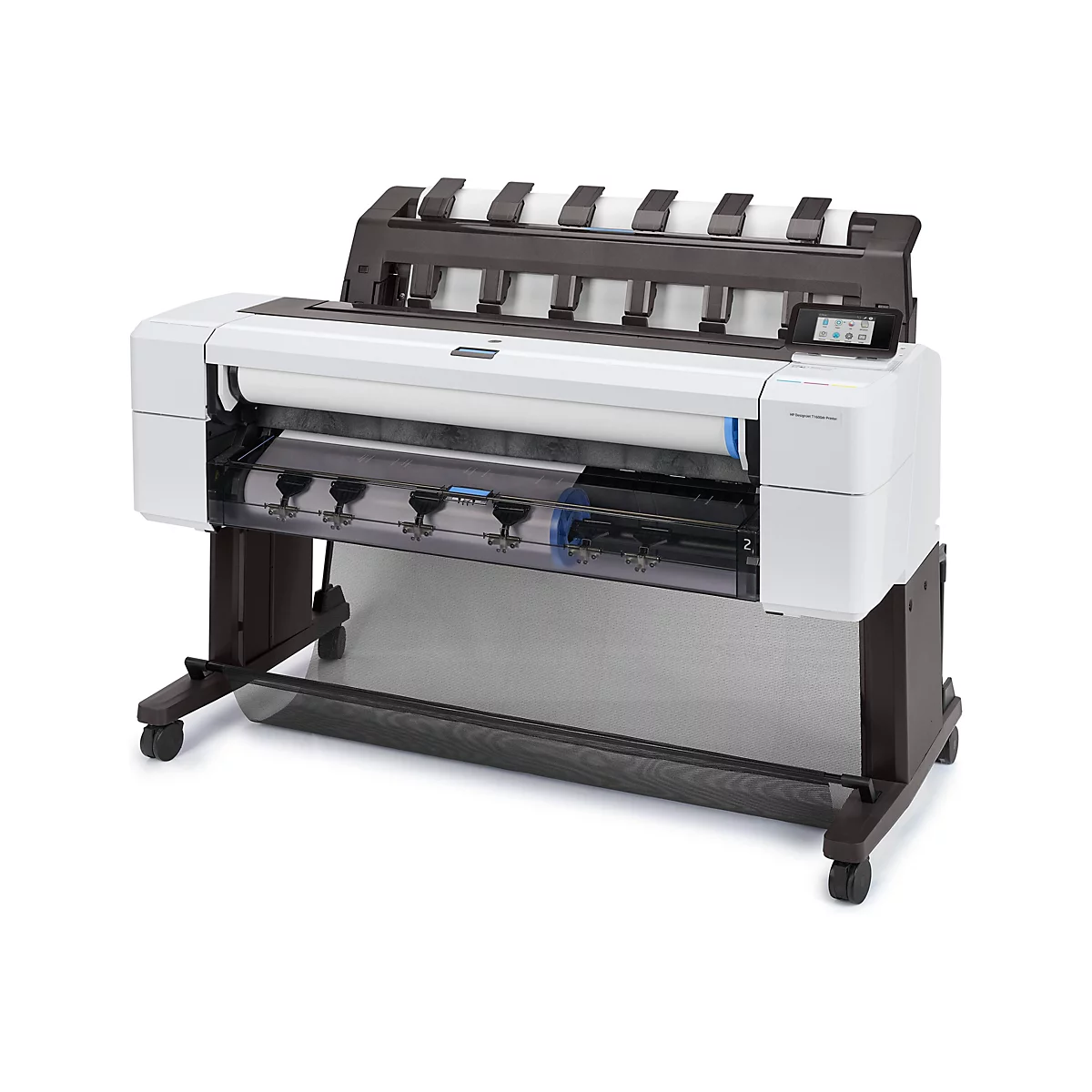 Une imprimante HP Designjet T1600dr blanche. Debout, avec des rouleaux de papier et un écran tactile.