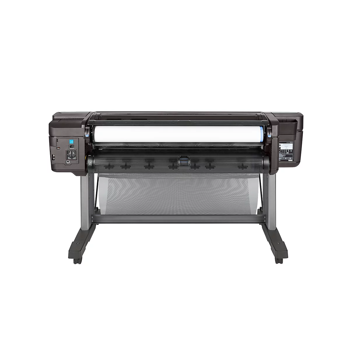 Un grand traceur foncé avec un rouleau de papier blanc. Boîtier noir avec panneau de contrôle. Sur un support gris avec panier de récupération.