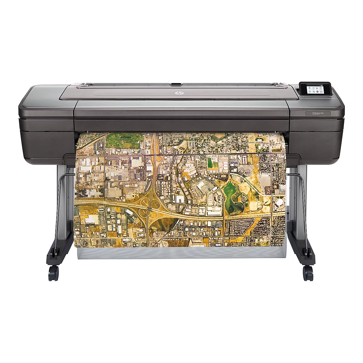 Une grande imprimante sombre imprime une carte colorée d'une ville. L'imprimante est montée sur roues et dispose d'un panneau de commande.