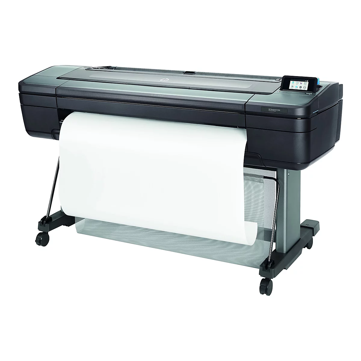 Un grand appareil noir HP DesignJet Z6dr. Un bac de sortie papier, un écran tactile et un rouleau de papier sont visibles.