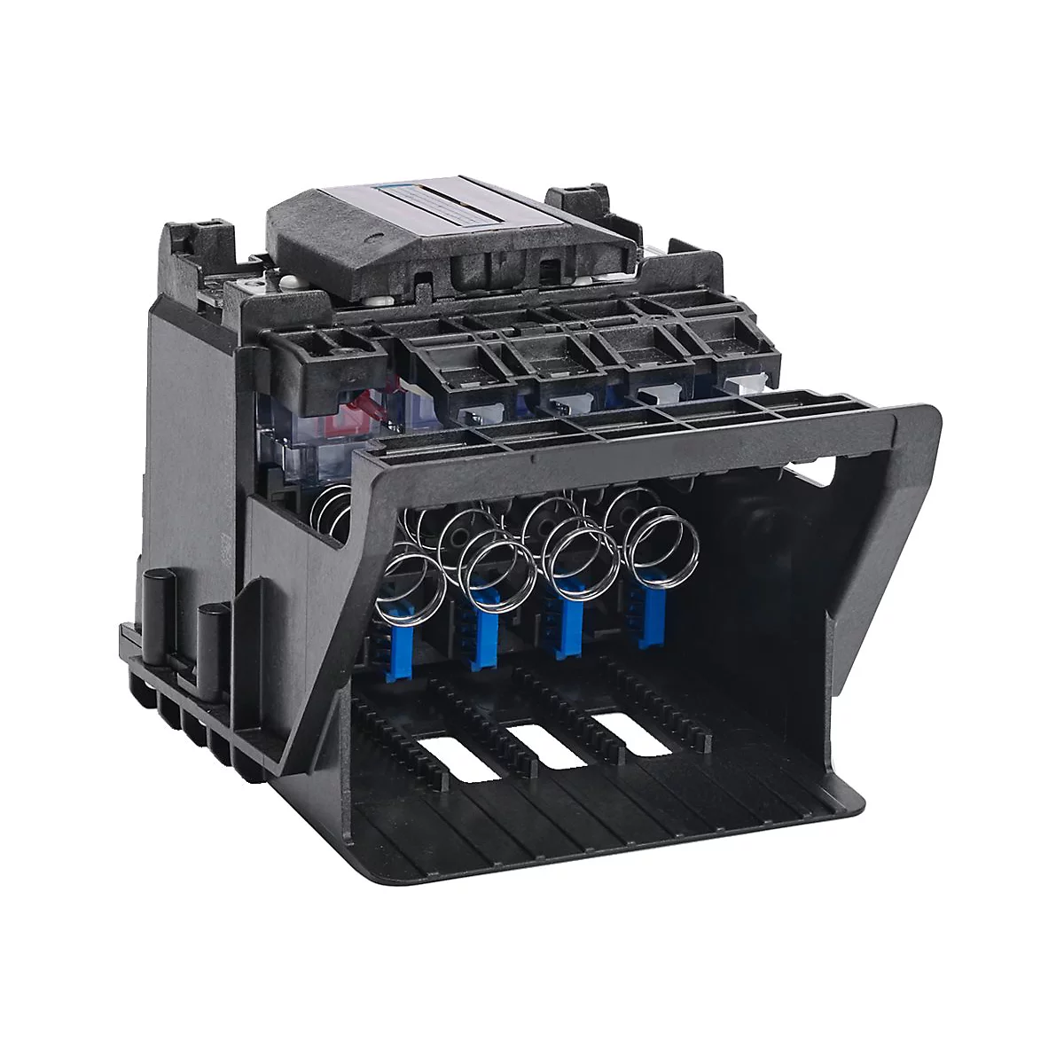 Schwarzes technisches Gerät, offene Klappe, Metallfedern, blaue Elemente, detaillierte Ansicht.