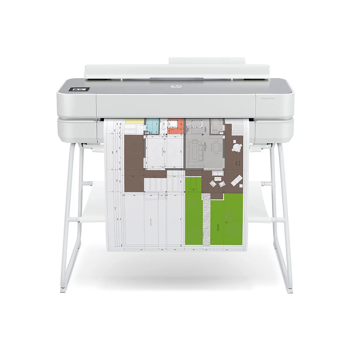 Ein weißer HP DesignJet Studio Drucker, der einen Bauplan ausdruckt, der auf einem weißen Gestell steht.