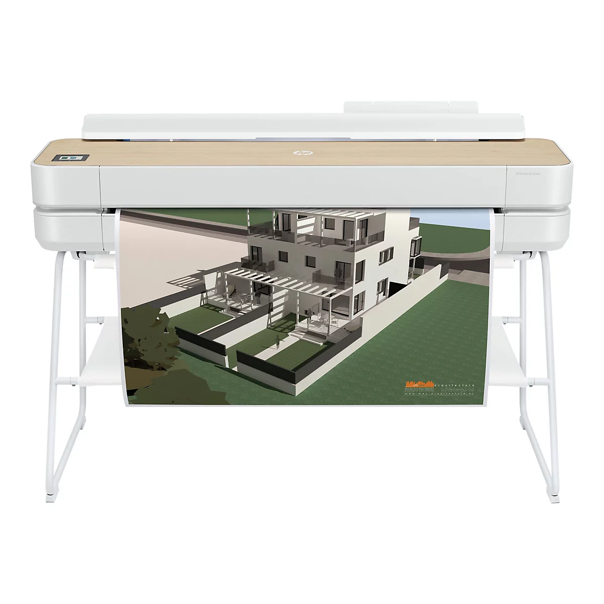 Ein HP DesignJet Studio Drucker, der einen architektonischen Entwurf ausdruckt. Das fertige Design zeigt ein modernes Haus mit Balkonen und Glasgeländern.