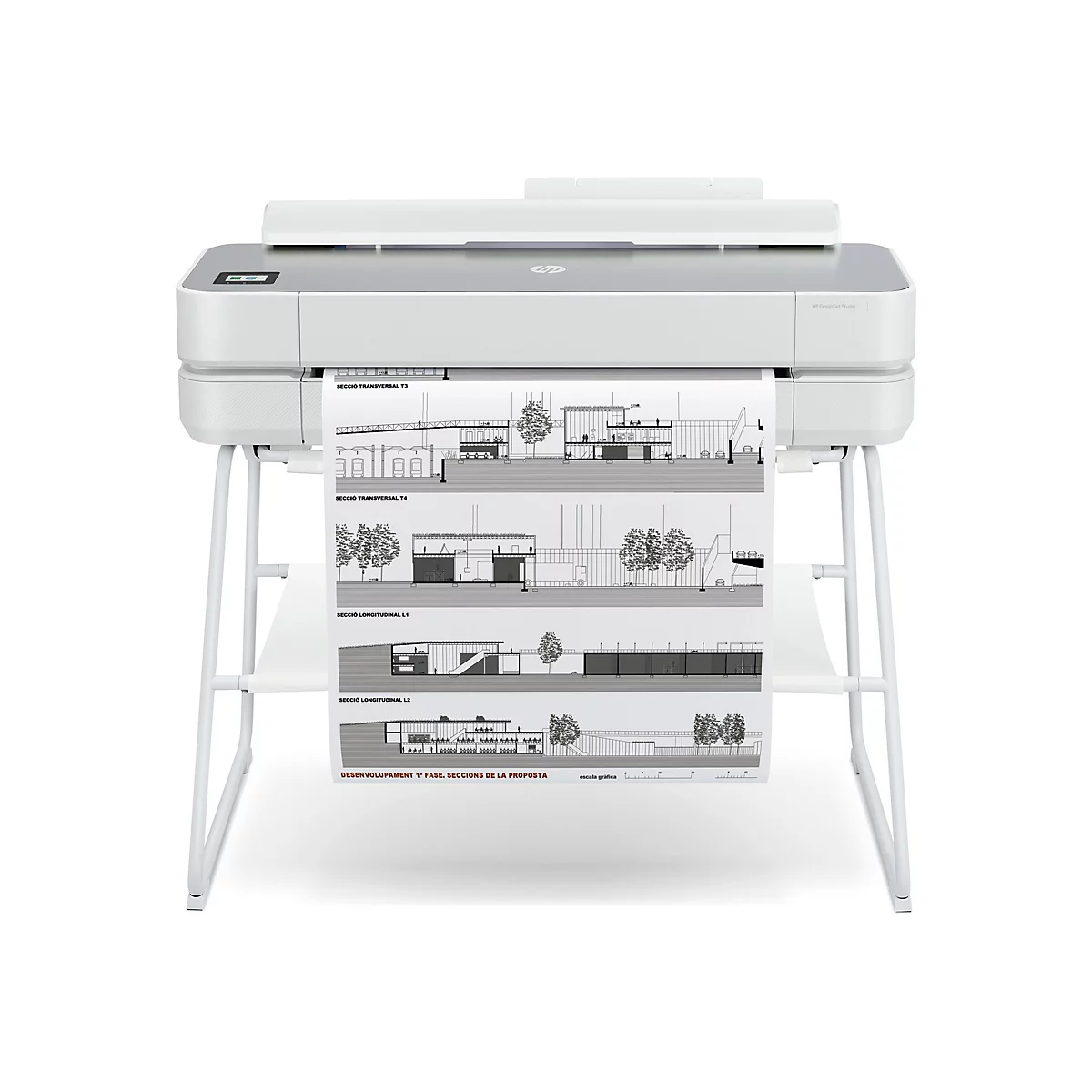 Weißer HP DesignJet Studio Drucker, der Architekturzeichnungen ausdruckt. Auf dem Papier sind Querschnitte eines Gebäudes zu sehen.