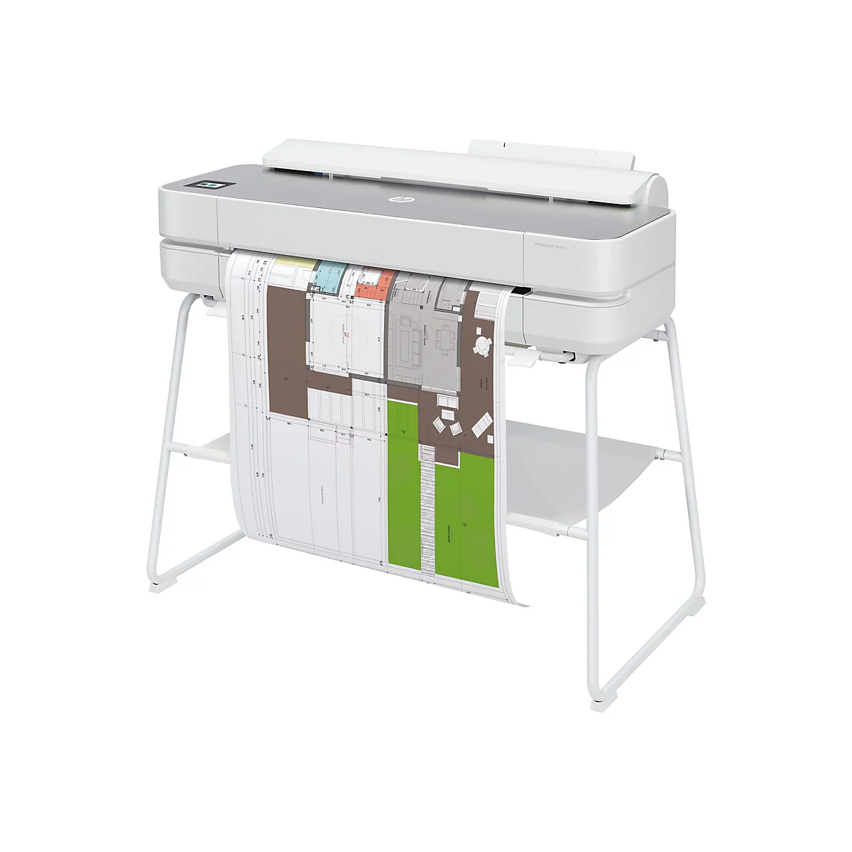 Ein weißer HP DesignJet Studio Drucker, der einen Bauplan ausdruckt, steht auf einem weißen Gestell.