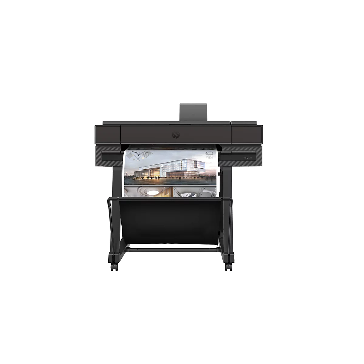 Imprimante grand format noire HP DesignJet T830 avec un plan d'architecte imprimé. En dessous, un bac de récupération.