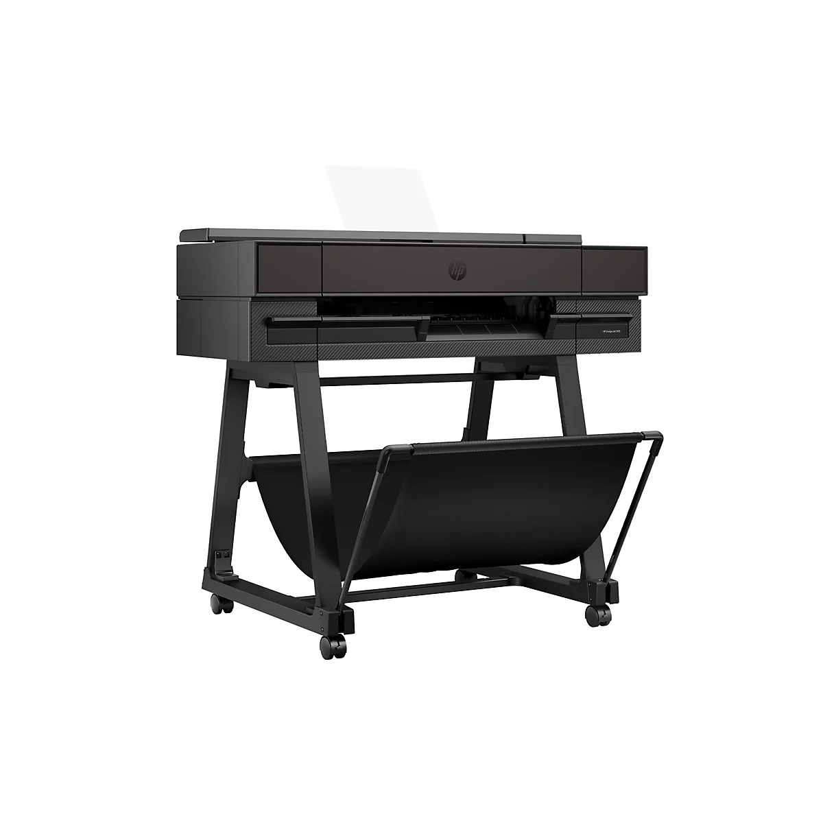 Une imprimante HP DesignJet T830 noire, posée sur un support à roulettes. Le papier est posé sur le dessus. Le logo HP est visible.