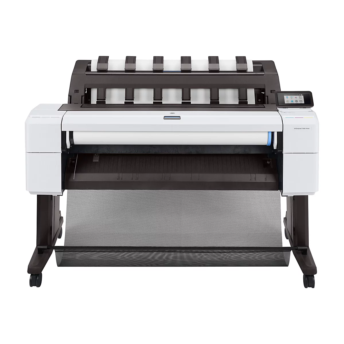 Großformat-Drucker HP DesignJet T1600 mit Papierrolle auf einem Ständer vor weißem Hintergrund.