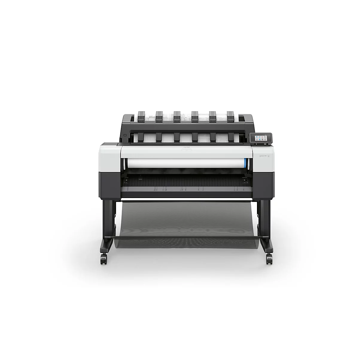 Großformatdrucker HP DesignJet T800, weiß-schwarzes Gehäuse auf Standbeinen mit Papierrolle, Frontansicht.