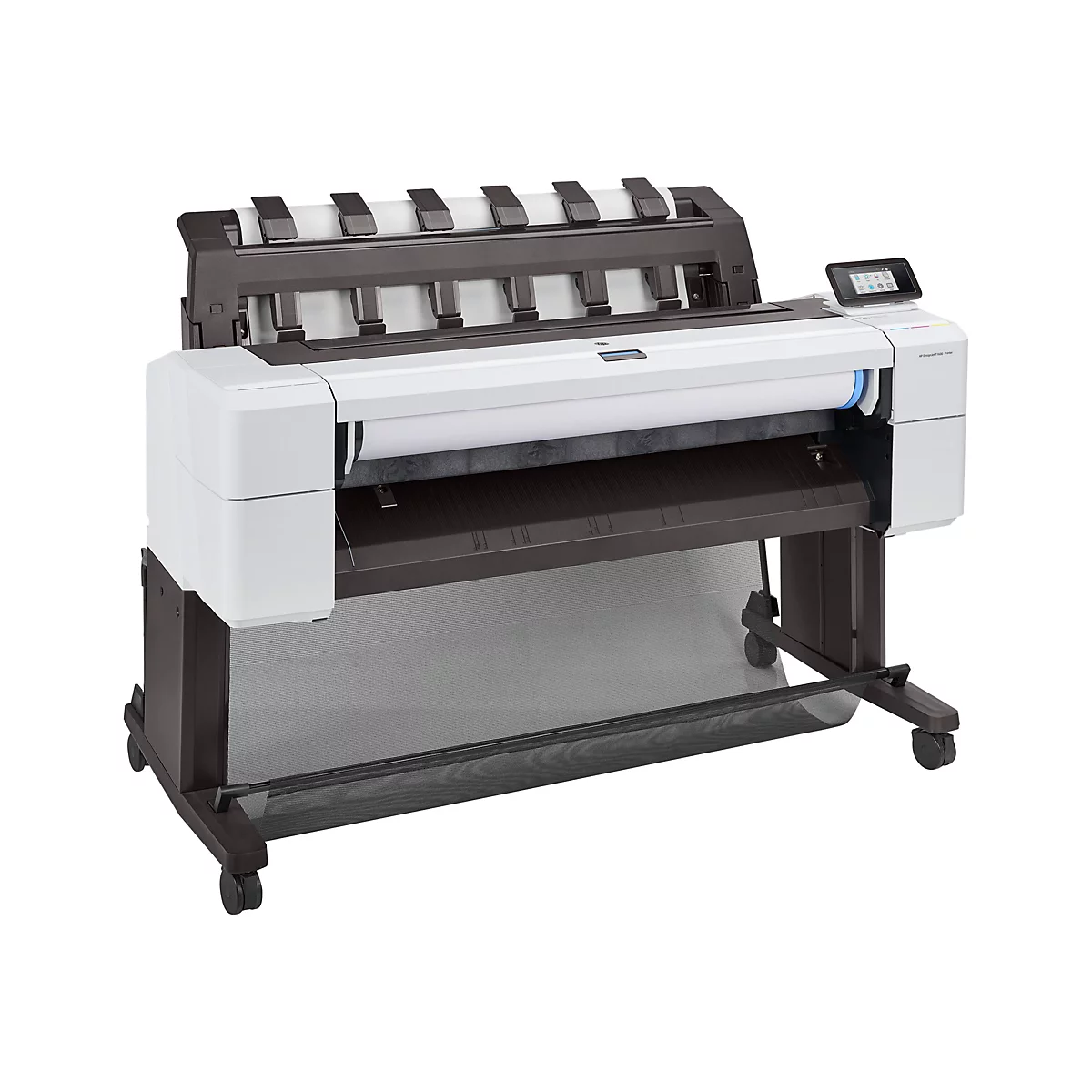 Großformat-Drucker HP DesignJet T1600 mit Papierrolle auf Rollstativ vor weißem Hintergrund.