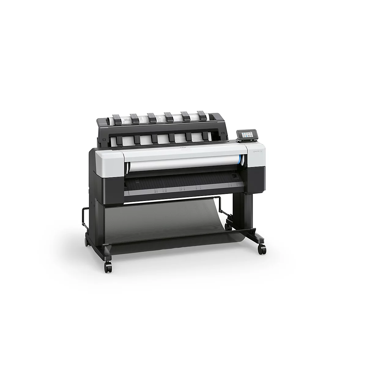Großformatdrucker HP DesignJet auf einem Rollständer mit Auffangkorb vor weißem Hintergrund.