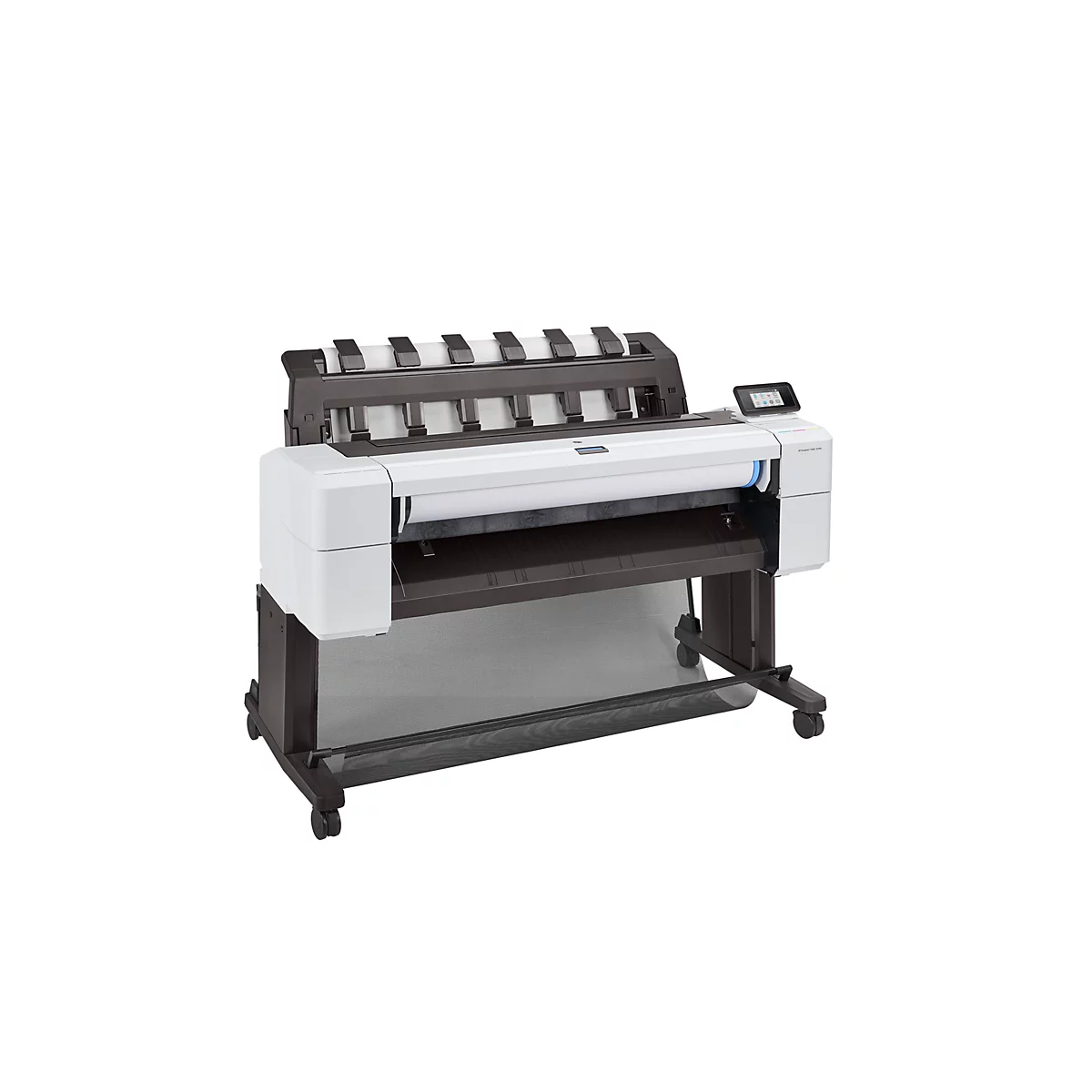 Großer weiß-schwarzer Großformatdrucker, mit einer Rolle Papier. Auf Rollen stehend, mit einem kleinen Touchscreen-Display.