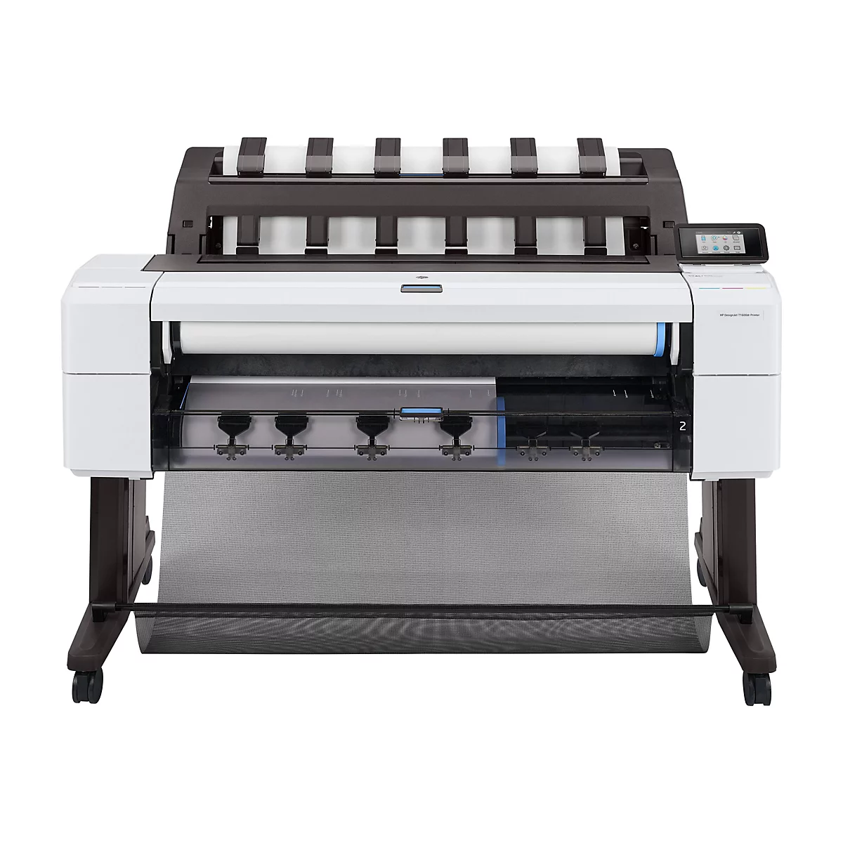 Großformatdrucker HP DesignJet T1600dr mit weißem Gehäuse, Touchscreen und Papierrollenhalter auf Rollgestell.