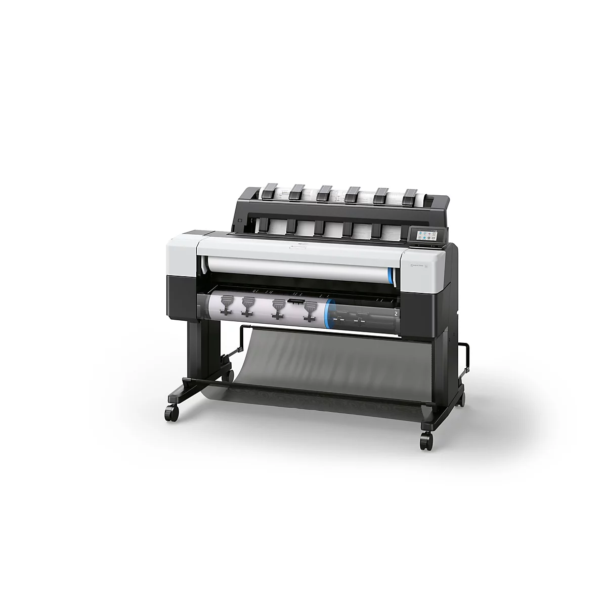 Großformatdrucker HP DesignJet auf einem Rollwagen mit weißem Gehäuse und schwarzem Unterbau vor weißem Hintergrund.