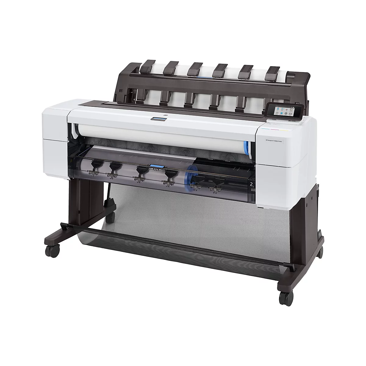Großformatdrucker HP DesignJet T1600dr in Weiß und Schwarz auf einem Rollstativ.