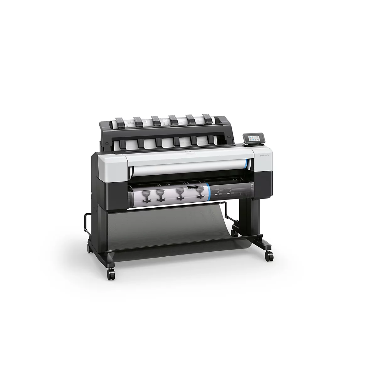 Großformatdrucker HP DesignJet auf Rollgestell vor weißem Hintergrund.