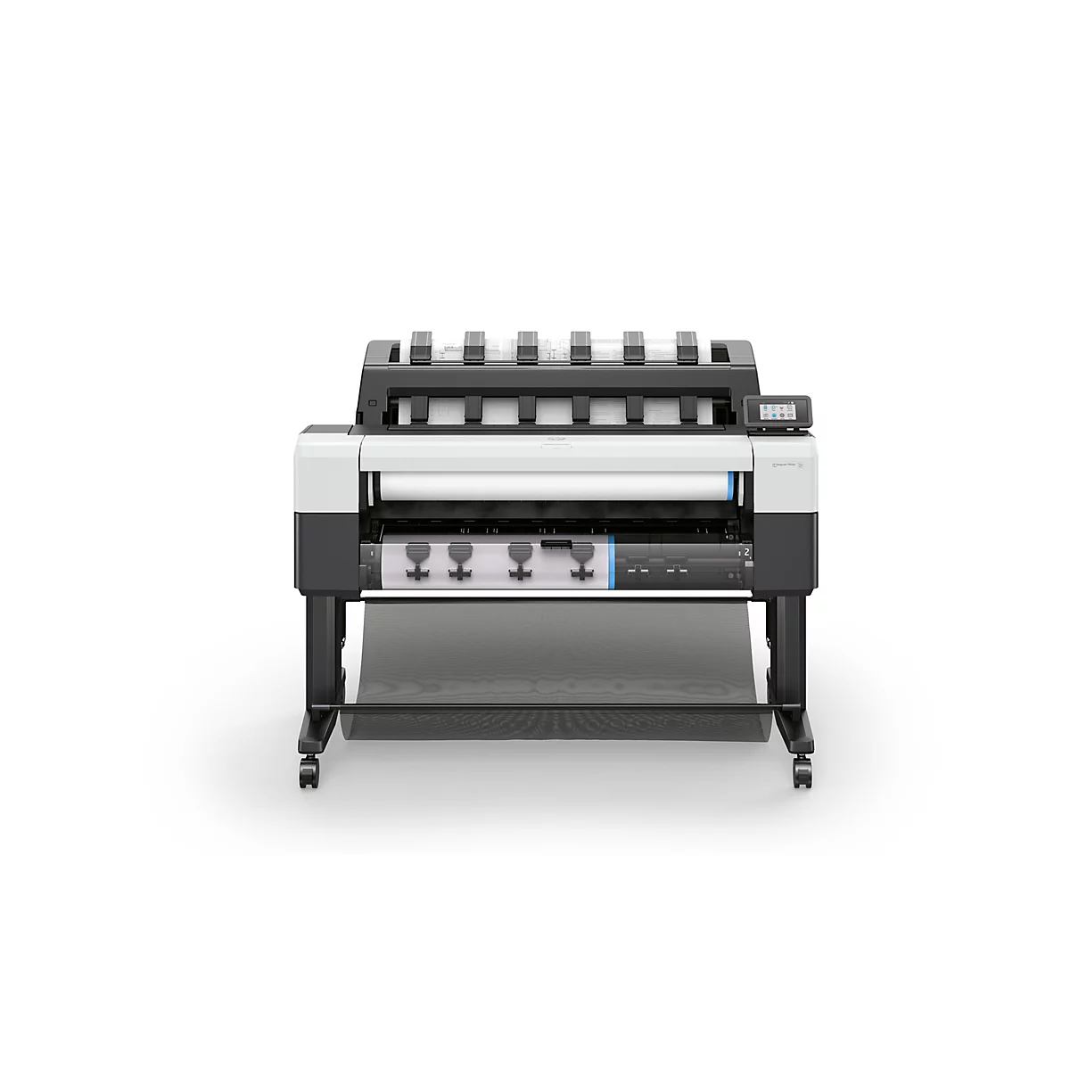 Großformatdrucker HP DesignJet auf einem Standfuß mit Papierauffangkorb vor weißem Hintergrund.
