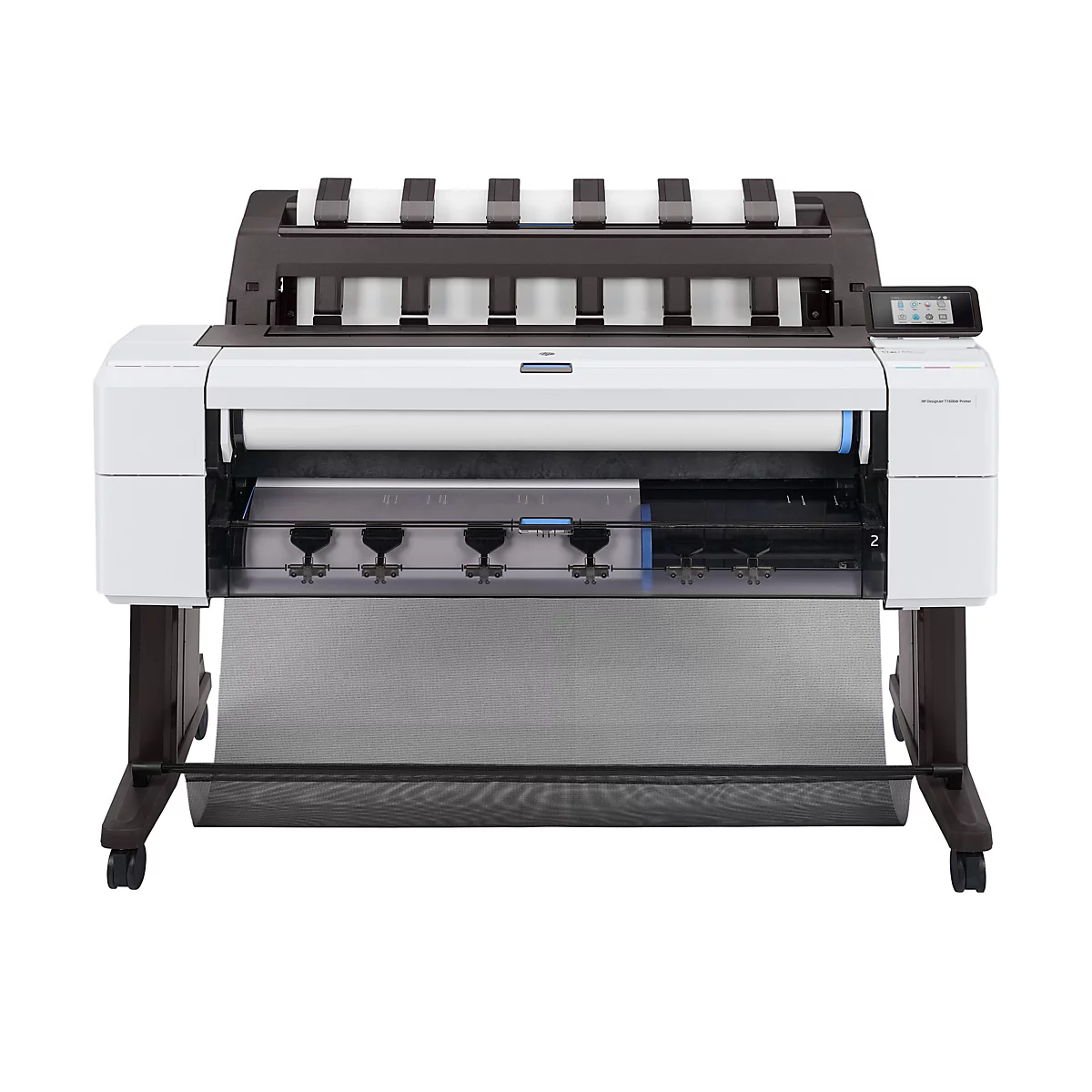 Großformatdrucker HP DesignJet T1600dr mit weißem Gehäuse, Papierrolle und Auffangnetz auf Rollgestell.